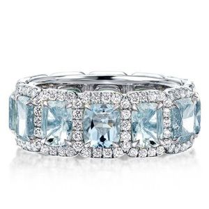 Aquamarine Ring Cushion Cut Eternity Wedding Band For Women 925 Sterling Silver
